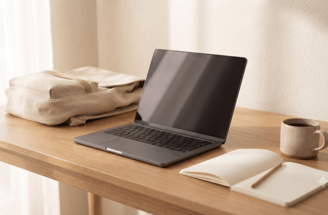A laptop open on a desk next to a notebook and a coffee cup
