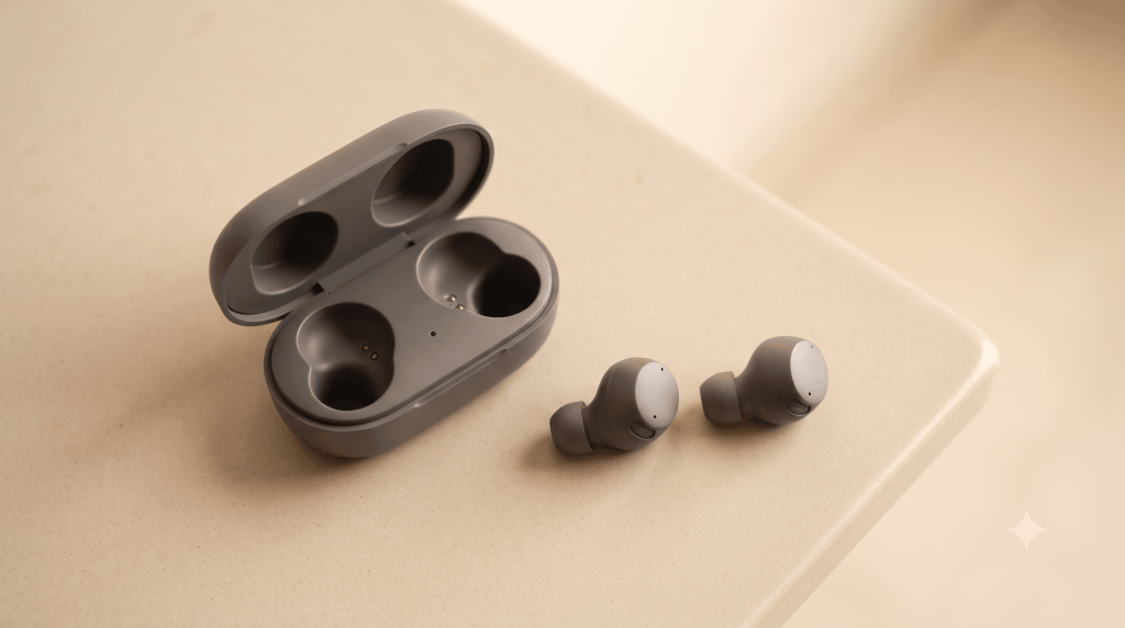 Wireless earbuds resting beside their open charging case