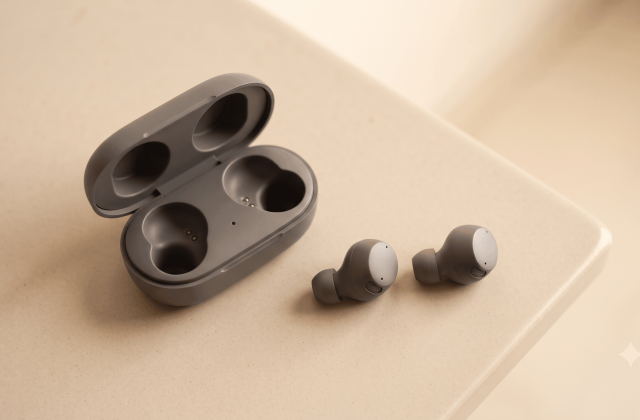 Wireless earbuds resting beside their open charging case