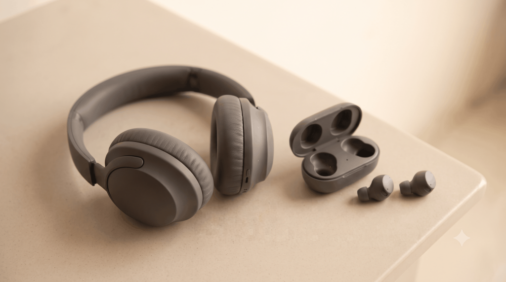 Over-ear headphones placed next to a pair of wireless earbuds for comparison