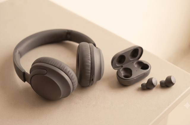 Over-ear headphones placed next to a pair of wireless earbuds for comparison